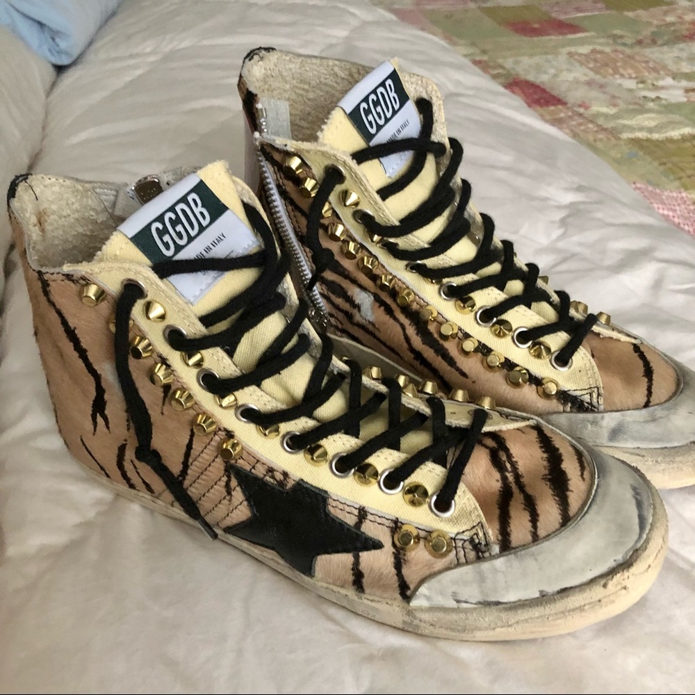 GOLDEN GOOSE FRANCY HIGH TOP TIGER ANIMAL PRINT PONY HAIR SNEAKERS SZ EU 37 US 7